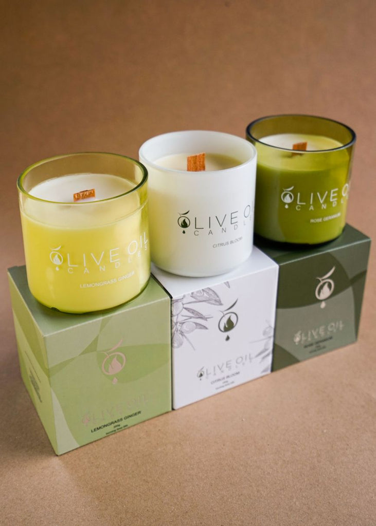 Oliveoil Candles, Individual Trio Set: Rose Geranium, Citrus Bloom and Lemongrass and Ginger-0